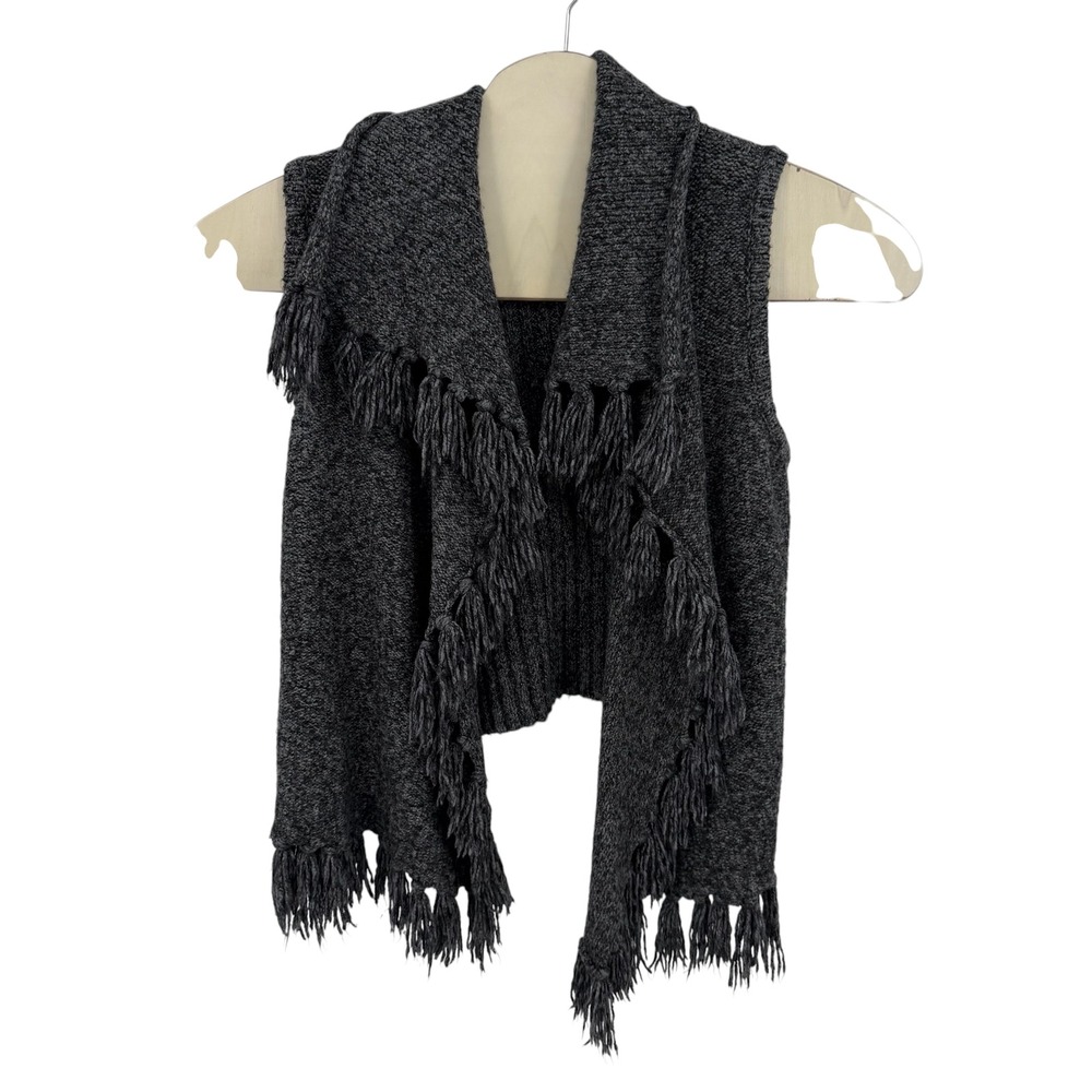 Kensie Sweater Vest Women Medium Gray Fringe Waterfall Cotton Blend Boho Layer